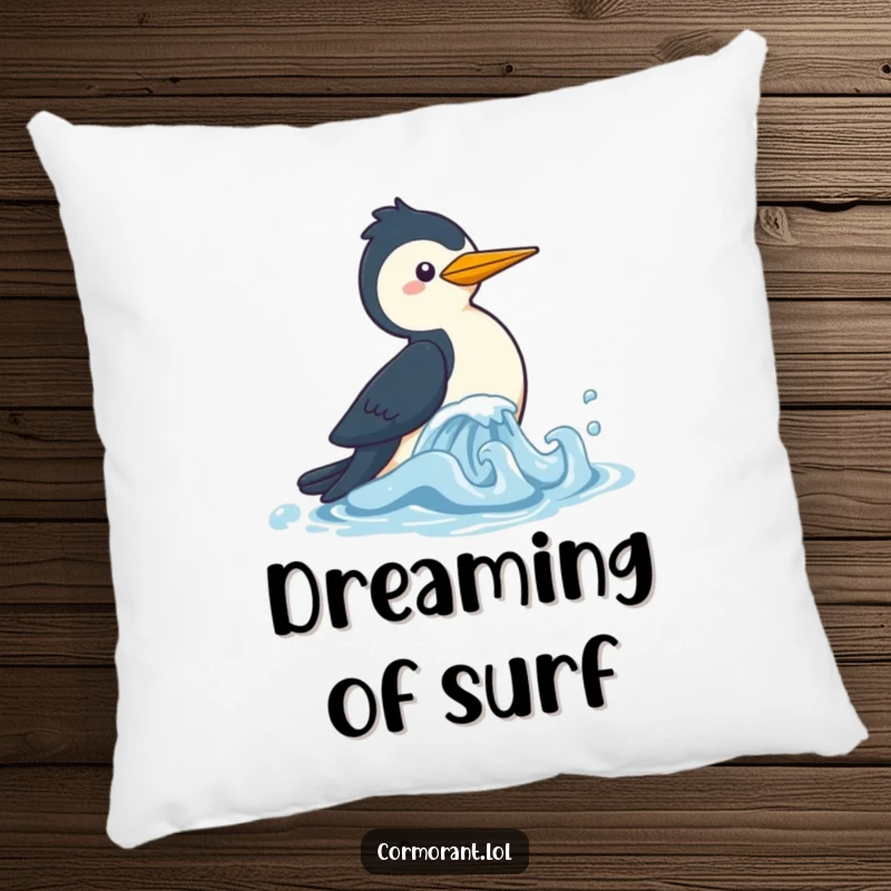 Funny Cormorant Pillow with a cute kawaii bird playfully chasing a wave, perfect for adding comfort and whimsical humor to your home.