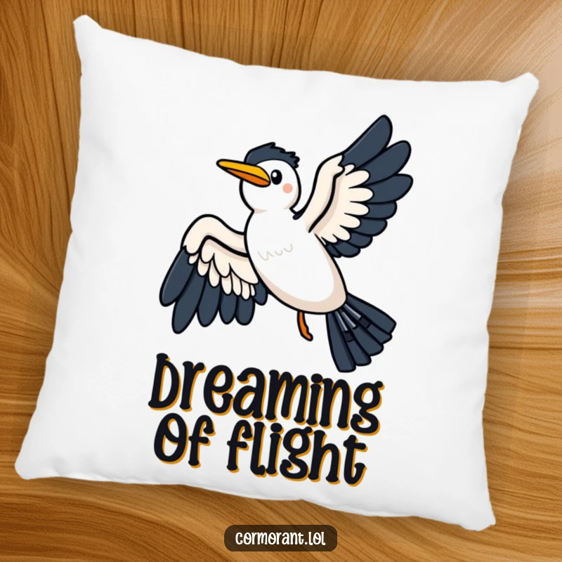 Funny pillow depicting a kawaii cormorant gracefully gliding on a breeze, wings spread wide, for soft, serene comfort.