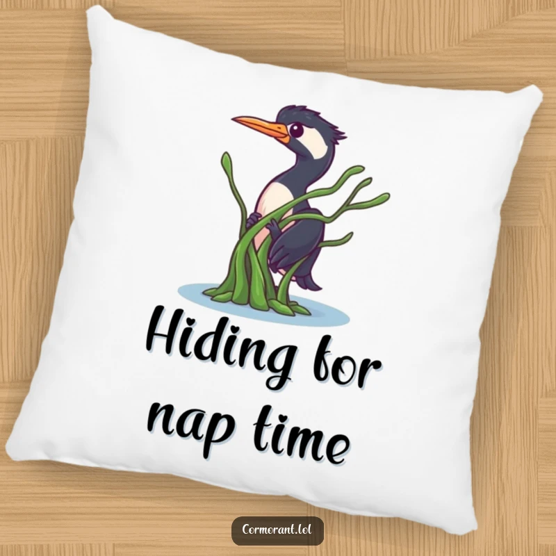 Funny Cormorant Pillow: A bird character playfully peeking from behind seaweed, offering comfort and a touch of whimsical, hidden charm.
