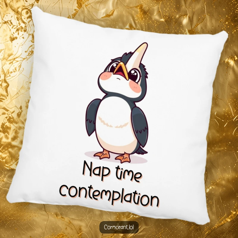Funny pillow depicting a kawaii cormorant looking up at the sky with wide, curious eyes and a happy tilt, for soft wonder.