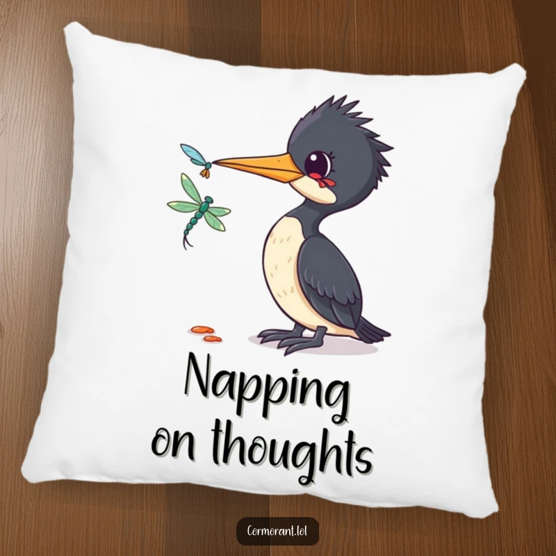 Funny Cormorant Pillow: A soft pillow featuring a funny cormorant tilting its head curiously at a dragonfly, full of wonder.