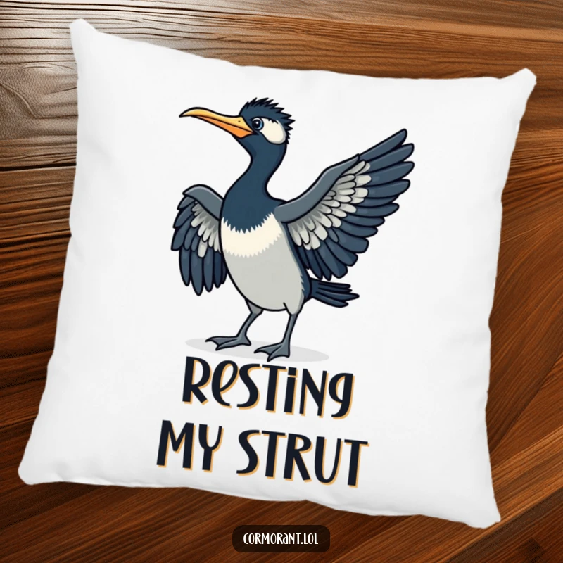 Funny cormorant pillow, doing a little strut, wings spread, soft and humorous, a comforting funny gift.