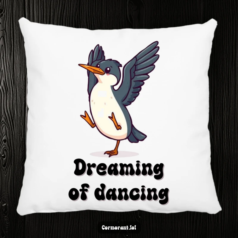 Funny kawaii cormorant pillow featuring a small, happy bird flapping its wings in a joyful dance, perfect for soft comfort.