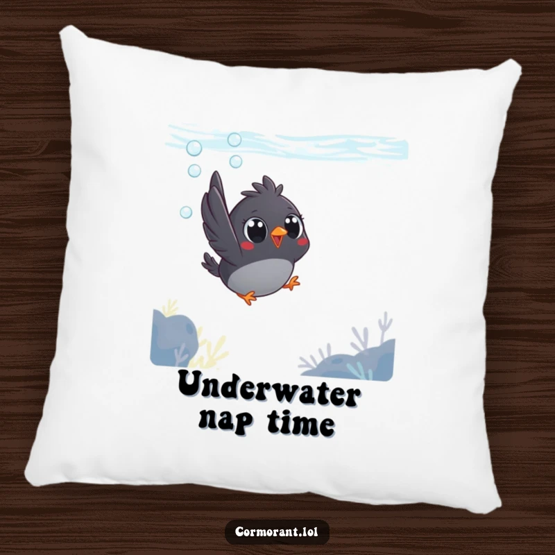 Funny pillow showing a small, dark bird with large, expressive eyes joyfully diving beneath the water's surface.