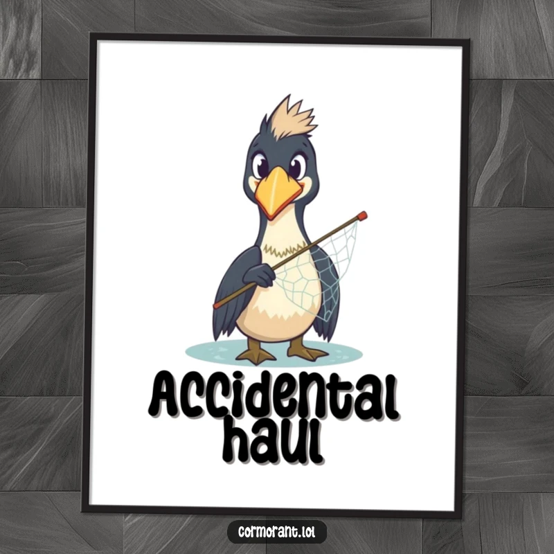 Funny Cormorant Digital Art Print: A comically surprised cormorant holds a misplaced net, ready to be printed and displayed.