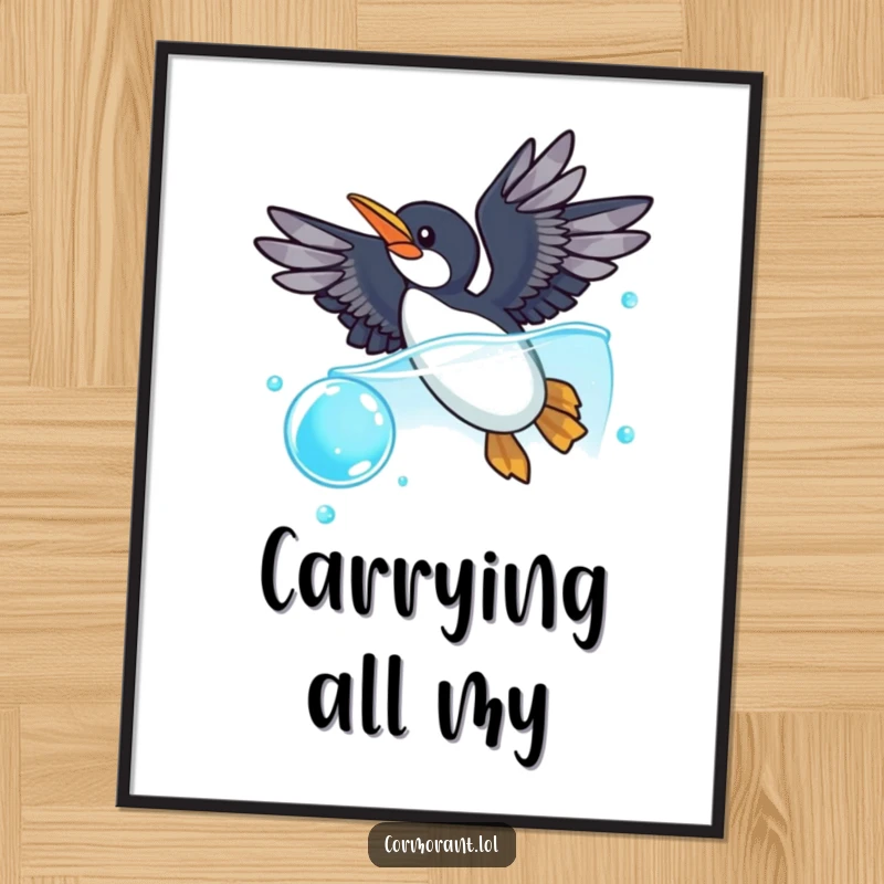 Funny cormorant digital art print showing a cormorant with wings spread wide, playfully diving into a sparkling blue bubble, creating whimsical wall decor.