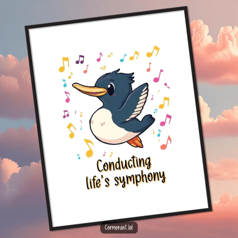Funny cormorant digital art print showing a cormorant with a playful grin swimming through a cascade of colorful, floating musical notes, ideal for music decor.