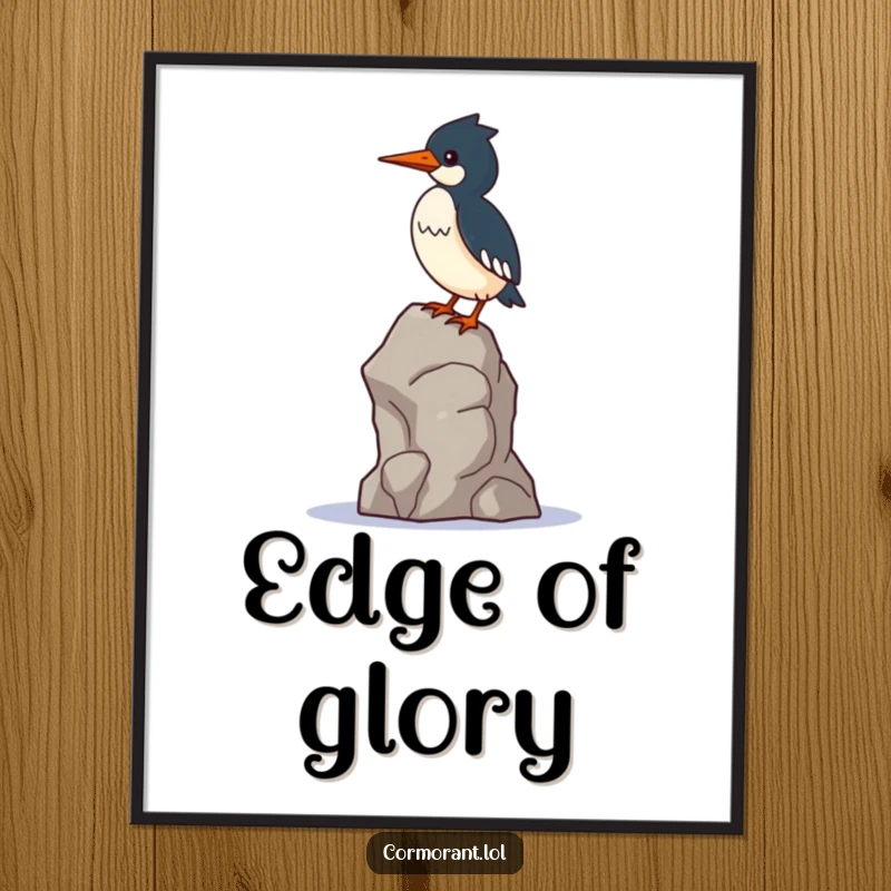 Funny Cormorant Digital Art: A kawaii cormorant bird balances precariously on a single wobbly rock, humorous artwork.