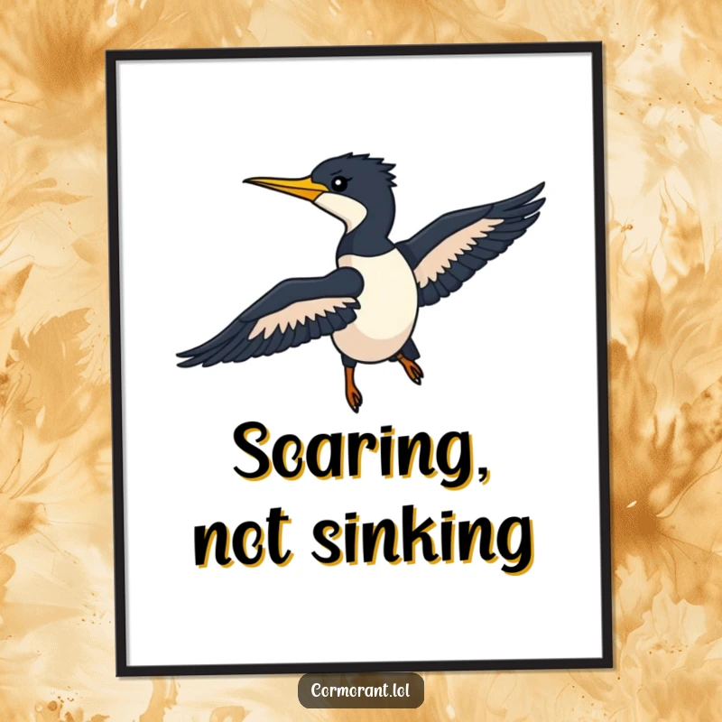 Funny Cormorant Digital Art Print of a sleek silhouette gliding smoothly through the air, perfect wall decor.