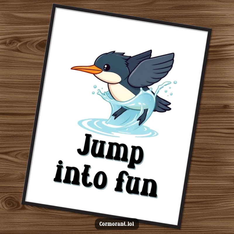 Funny Cormorant Digital Art: A kawaii cormorant dives gracefully into sparkling blue water with a splashy pose, humorous artwork.