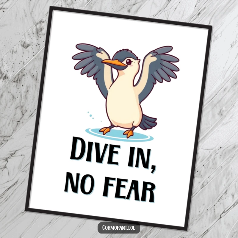 Funny cormorant digital art print of a bird with wings spread, playfully diving into water, for instant decor.
