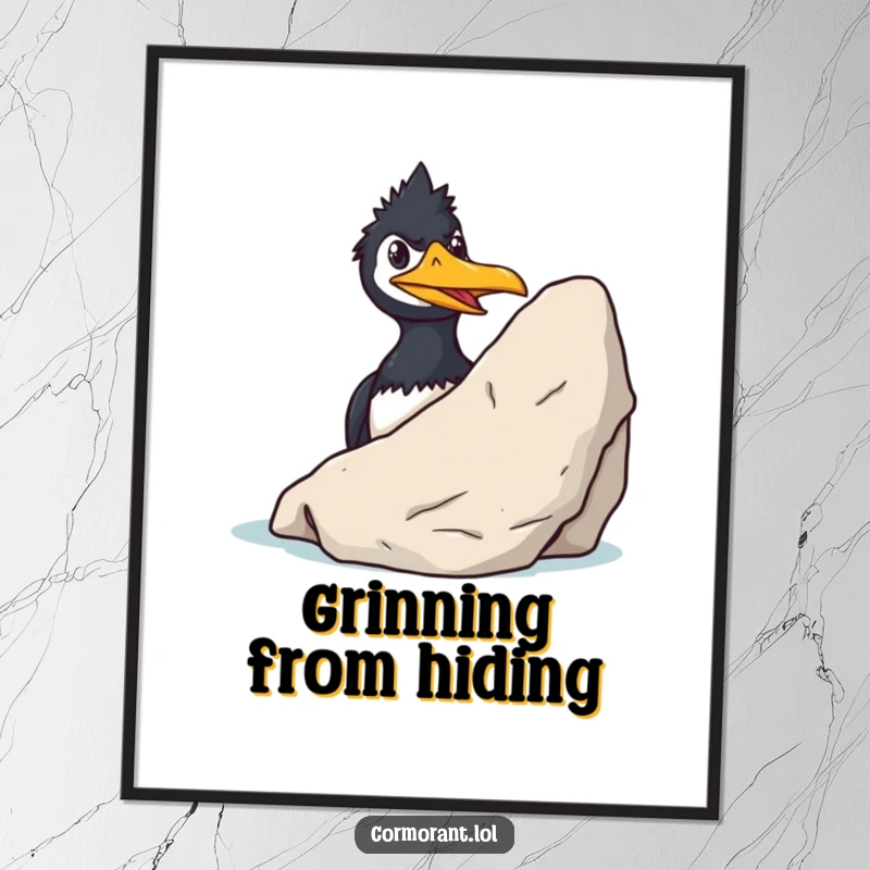 Funny Cormorant Digital Art Print: A sly cormorant grins mischievously while peeking from behind a rock, ready to add humor to your walls.