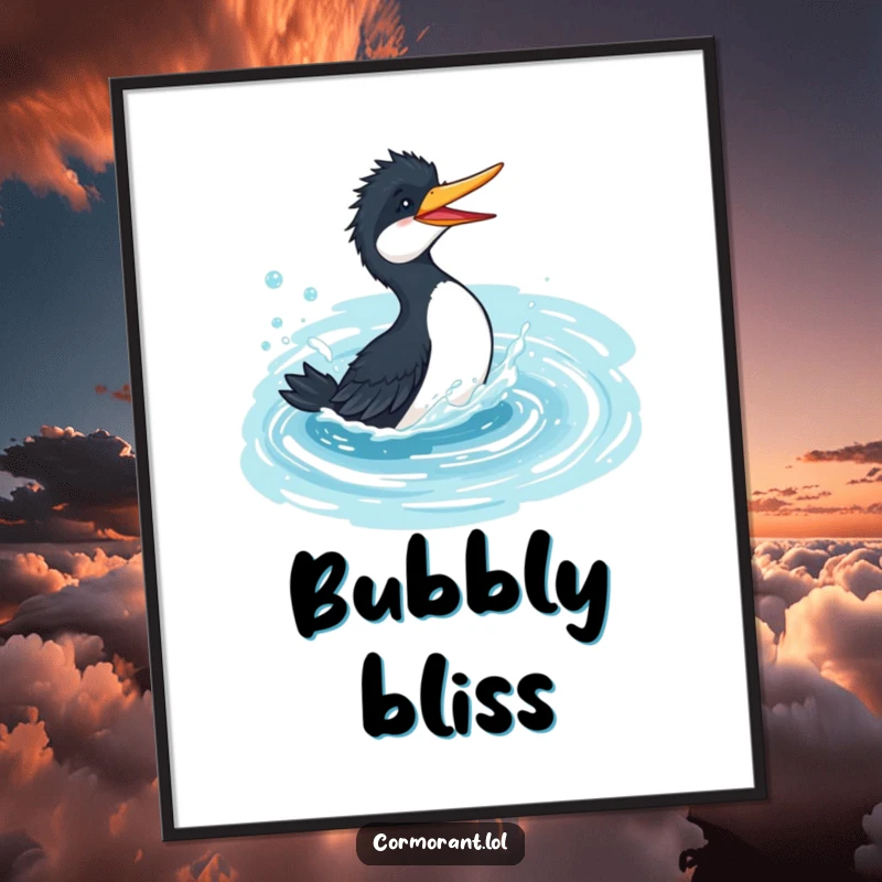 Funny cormorant digital art print, playful bird splashing gleefully in a bubbly, azure pond, conveying pure joy and water fun.