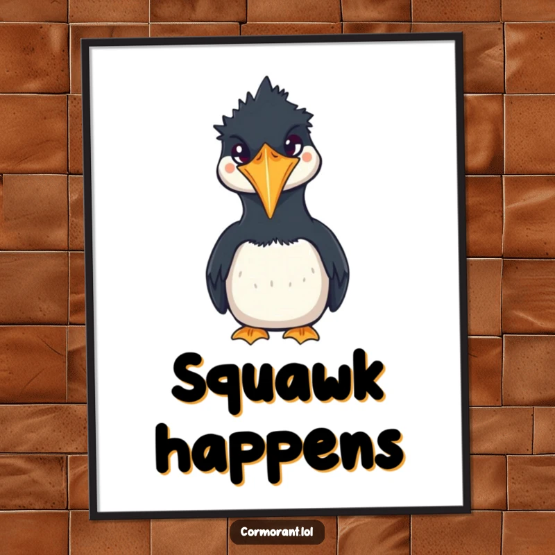 Funny Cormorant Digital Art Print of a cute, squawking kawaii bird, offering instant downloadable humor and charm for your walls.