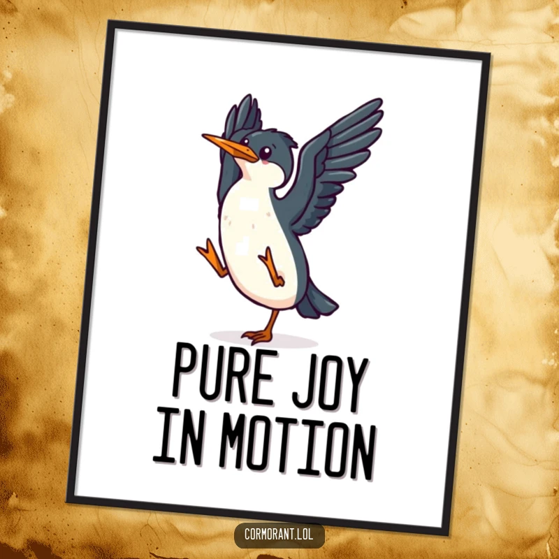 Funny kawaii cormorant digital art print of a small, happy bird flapping its wings in a joyful dance, ideal for decor.