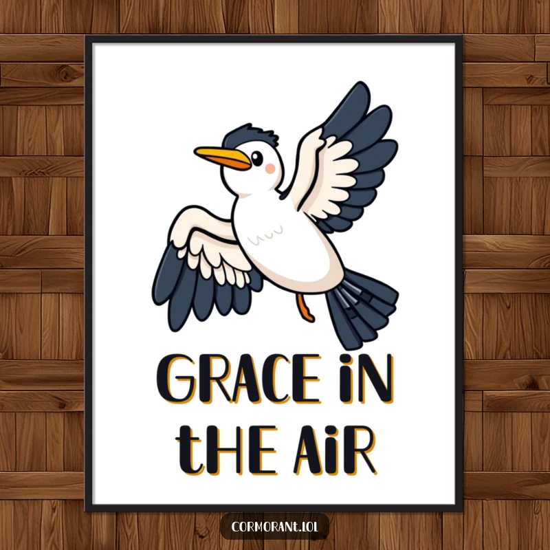 Funny digital art print of a kawaii cormorant gliding joyfully on a breeze, wings spread wide, for serene wall decor.