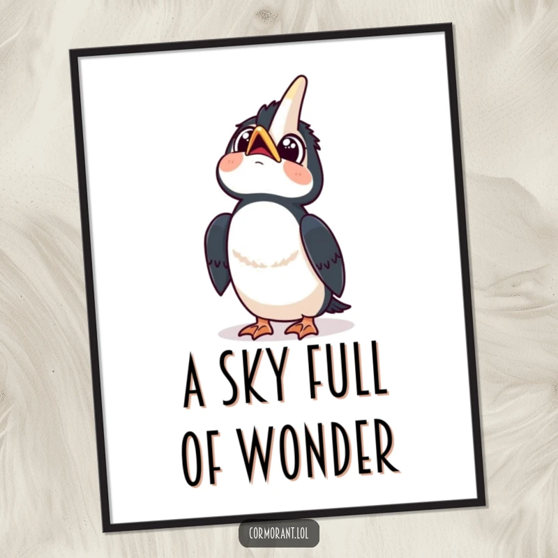 Funny digital art print of a kawaii cormorant looking up at the sky with wide, curious eyes and a happy tilt, for instant wonder.