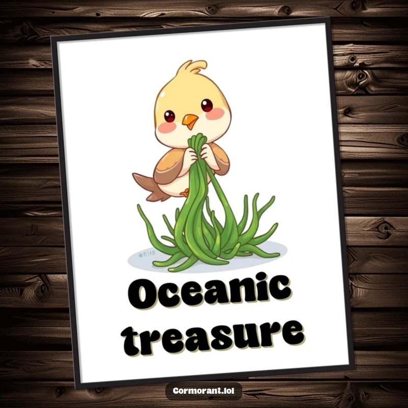 Funny Digital Art Print: A bird playfully tugging on seaweed, bringing instant coastal humor.