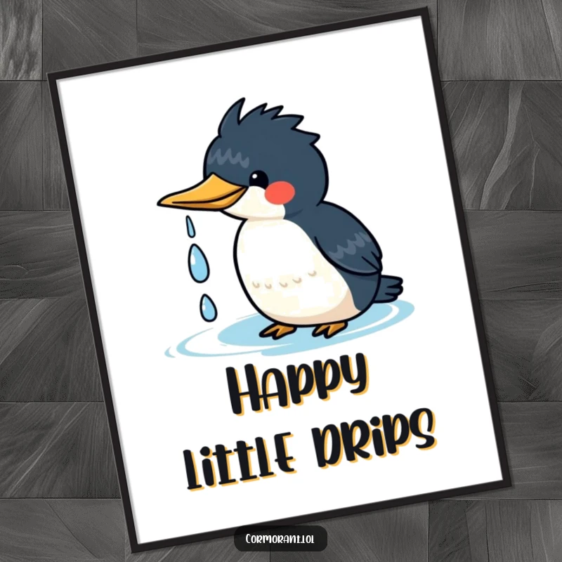 Funny kawaii cormorant digital art print of a cute bird happily shaking water droplets off its head, for instant decor.