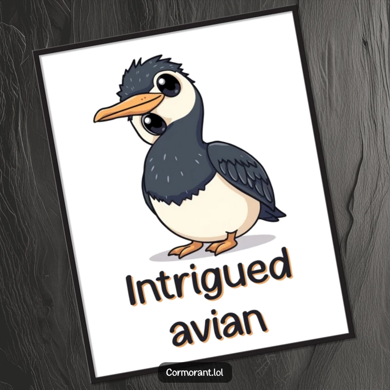 Funny cormorant digital art print of a bird tilting its head curiously, perfect for thoughtful and whimsical wall decor.