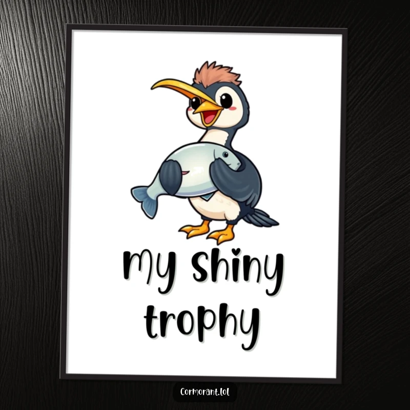 Funny kawaii cormorant digital art print of a happy bird holding a large, shiny fish, ideal for instant decor.