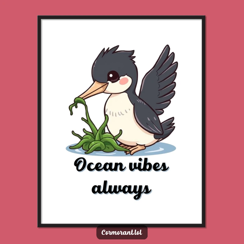 Funny Cormorant Digital Art: Kawaii Bird Nudging Seaweed, Instant Humorous Download