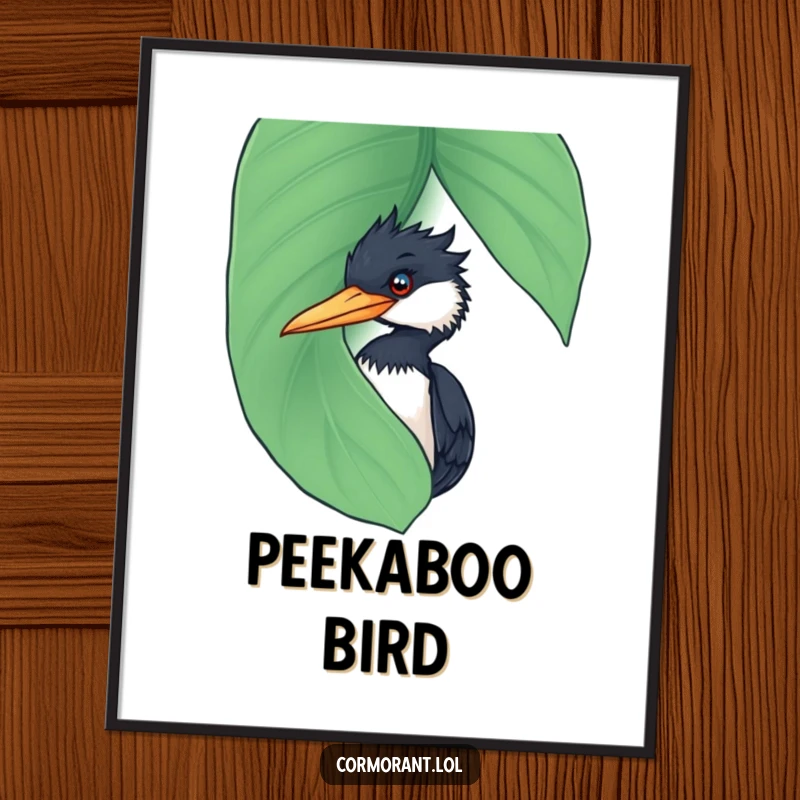 Funny Cormorant Digital Art Print: A humorous illustration of a cormorant peeking from behind a large, wet leaf, ready for instant download.