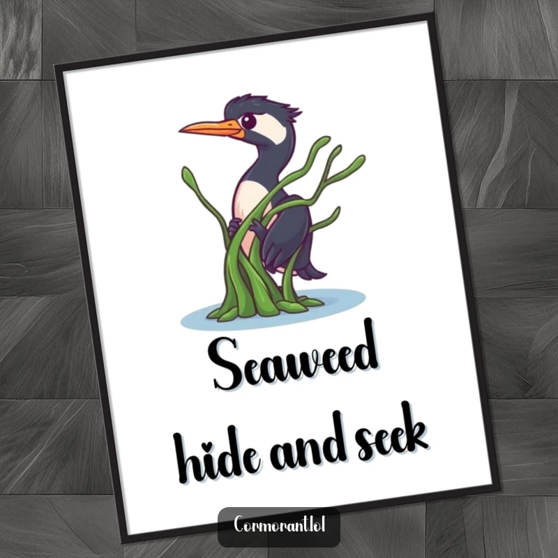 Funny Cormorant Digital Print: A curious bird playfully peeking from behind seaweed, radiating whimsical charm and a touch of playful mystery.