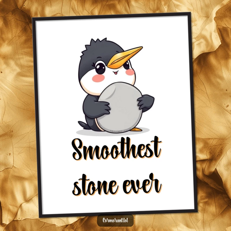 Funny Cormorant Digital Art Print: A humorous illustration of a smiling cormorant offering a smooth grey pebble, ready for instant download.