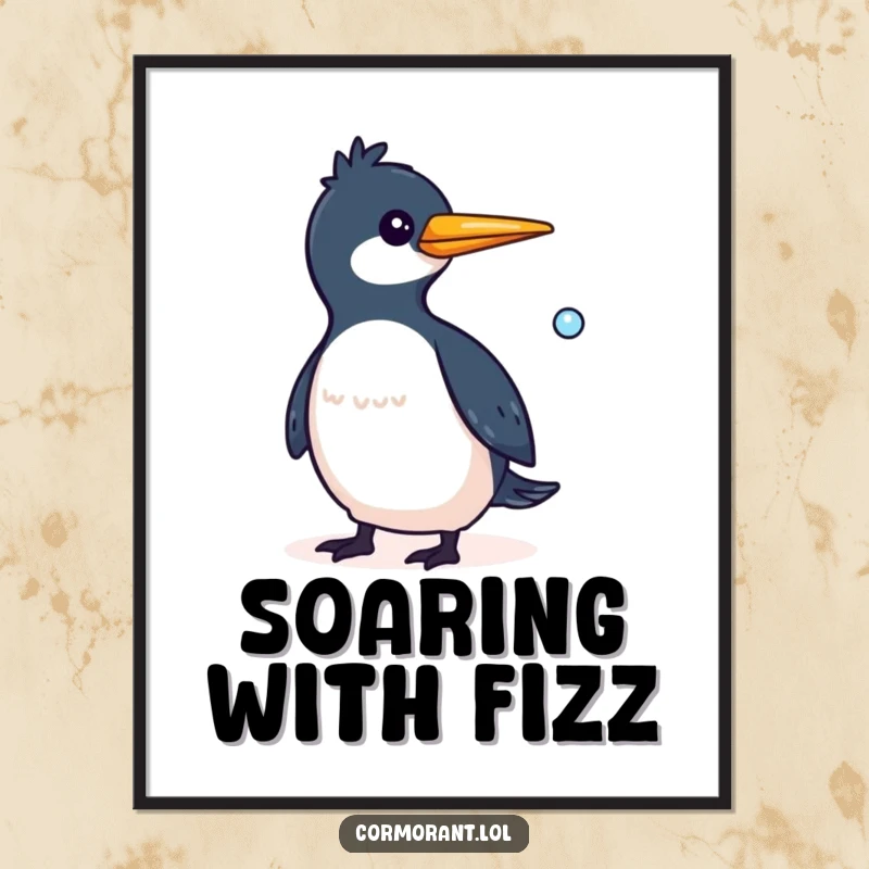 Funny Cormorant Digital Art Print of a whimsical bird with a small bubble trailing behind it, perfect for cheerful decor.