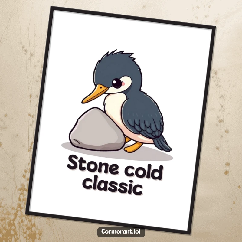 Funny kawaii cormorant nudging a stone, digital art print, instant download, cute bird illustration, perfect funny gift.