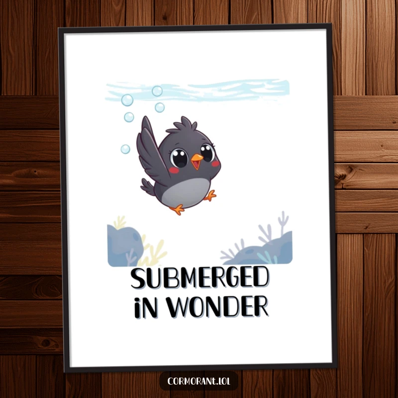 Funny digital art print of a small, dark bird with prominent, big eyes making a joyful, determined dive into the water.