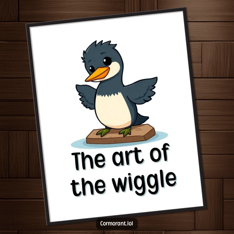 Funny digital art print of a kawaii cormorant doing a silly wiggle on a dock, looking pleased, for instant cheer.