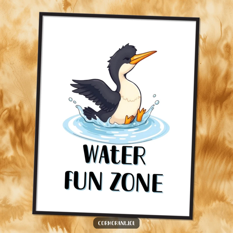 Funny Cormorant Digital Art: A cormorant gleefully splashes in a small pool, bringing humorous refreshment and playful spirit.