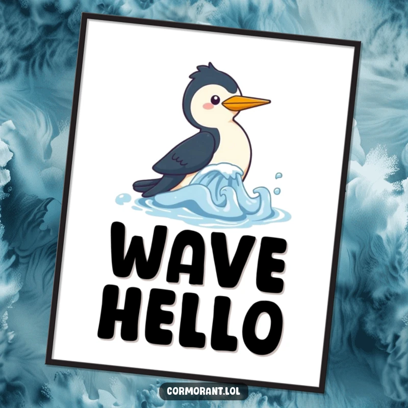 Funny Cormorant Digital Art Print of a cute kawaii bird playfully chasing a small wave, offering instant downloadable charm and humor.