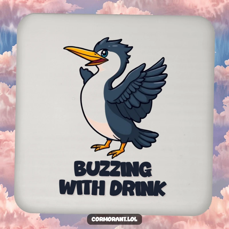Funny Cormorant flapping its wings vigorously on a drink coaster, a humorous design symbolizing energy and action.