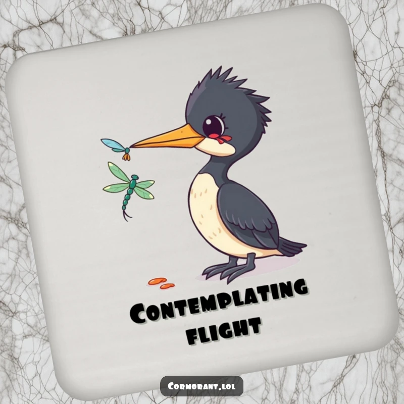 Funny Cormorant Coaster: A small coaster depicting a funny cormorant tilting its head curiously at a dragonfly.