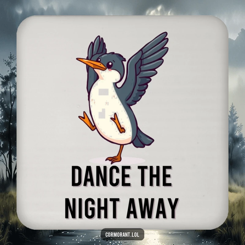 Funny kawaii cormorant coasters with a small, happy bird flapping its wings in a joyful dance, great for protecting furniture.