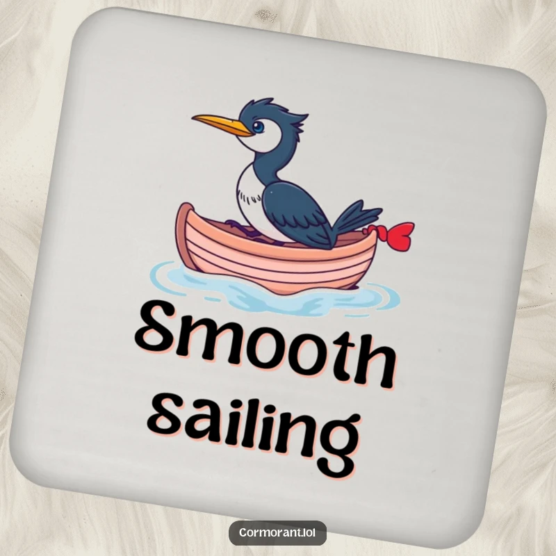 Funny Cormorant Coaster featuring a cormorant riding a whimsical boat, offering surface protection with cheerful nautical humor.