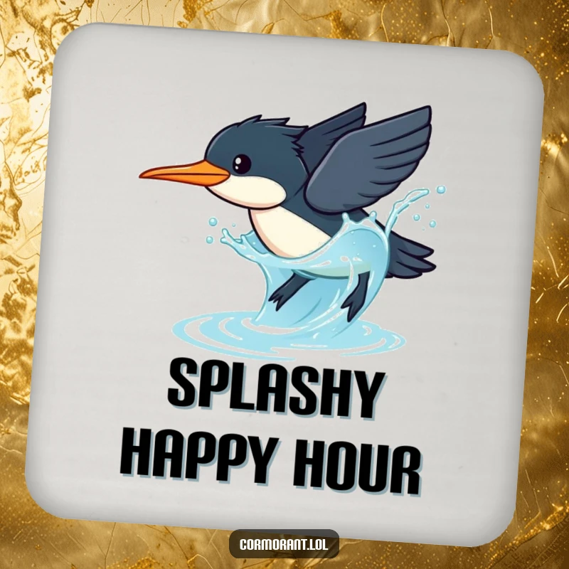 Funny Cormorant Coaster: A kawaii cormorant dives gracefully into sparkling blue water with a splashy pose, protecting surfaces.