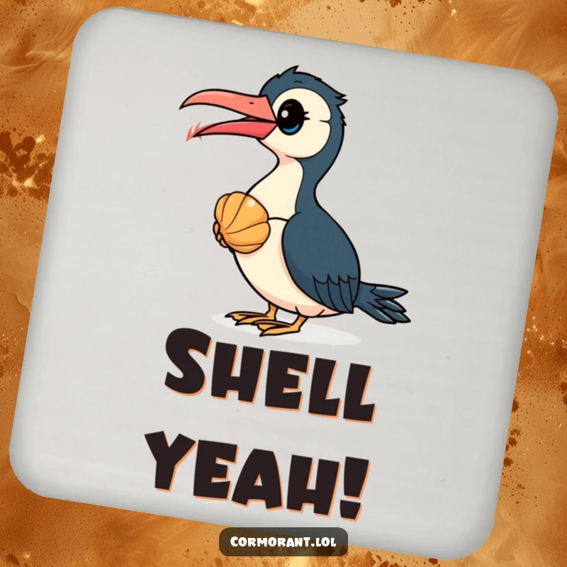 Funny Cormorant Coaster: A curious cormorant bird observes a seashell, adding a humorous touch to drink protection.