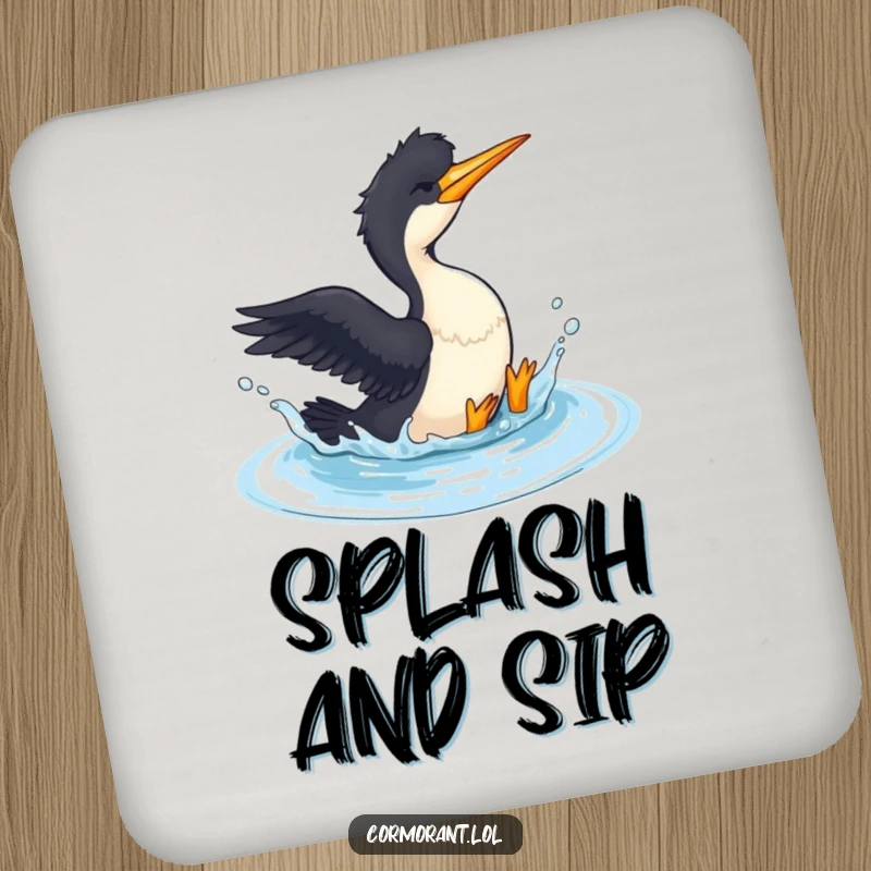 Funny Cormorant Coaster: A cormorant playfully splashes in a small pool, adding a humorous and refreshing touch to your drink station.