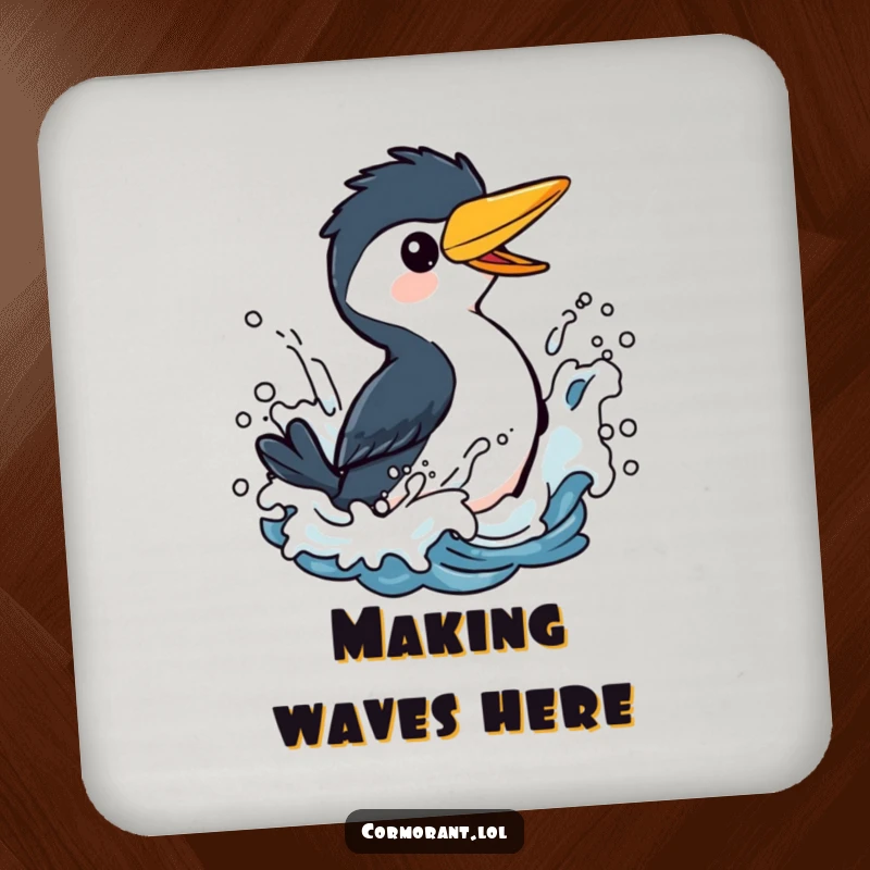 Funny Cormorant Coaster: A charming bird depicted splashing playfully in stylized ocean waves, offering stylish protection for drinks.