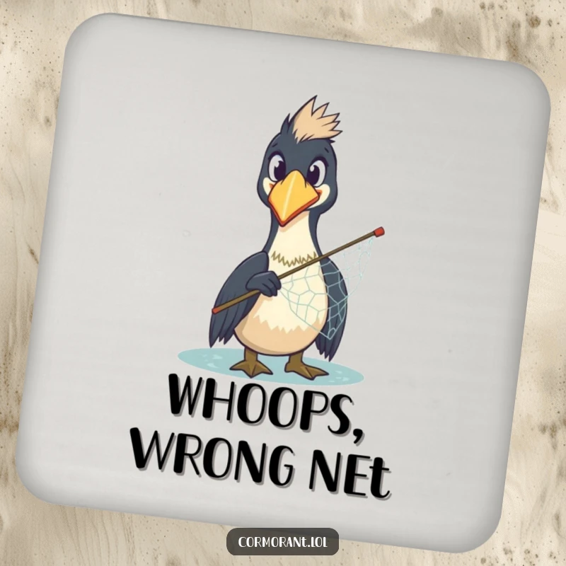 Funny Cormorant Coaster: A comically surprised cormorant with a misplaced net sits on this coaster, protecting surfaces with humor.