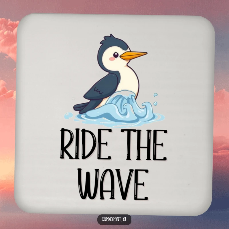 Funny Cormorant Coaster featuring a kawaii bird playfully chasing a wave, perfect for protecting furniture with nautical humor.
