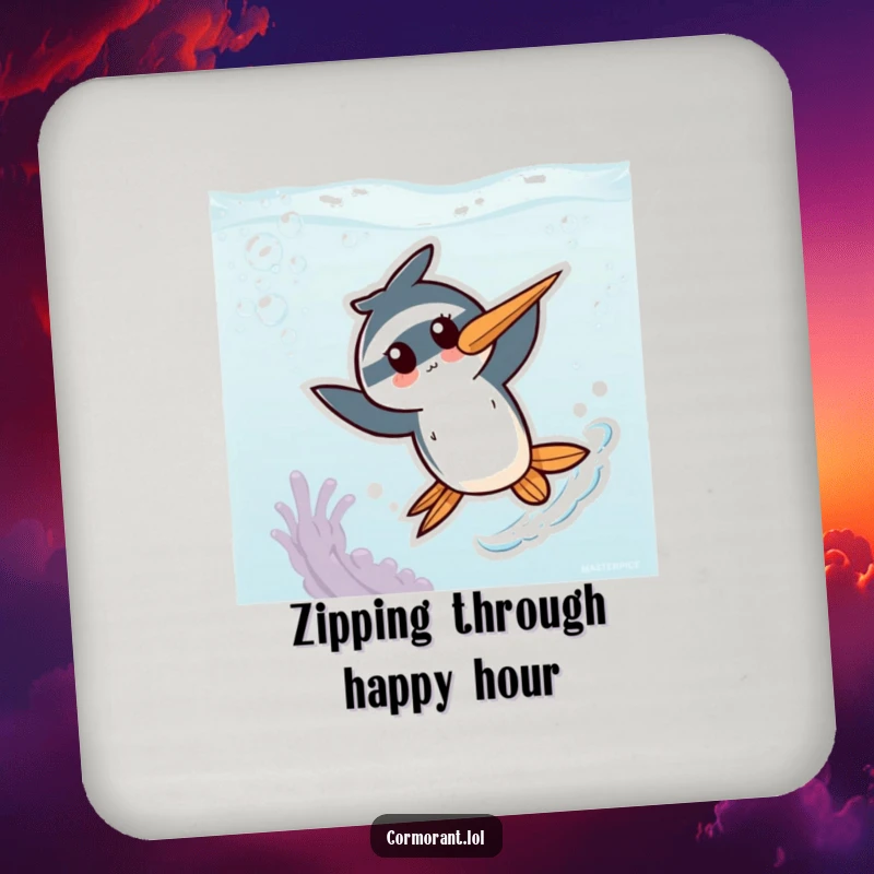 Funny Kawaii Cormorant Coaster: An adorable bird character energetically zipping through a colorful underwater world, offering stylish drink protection.