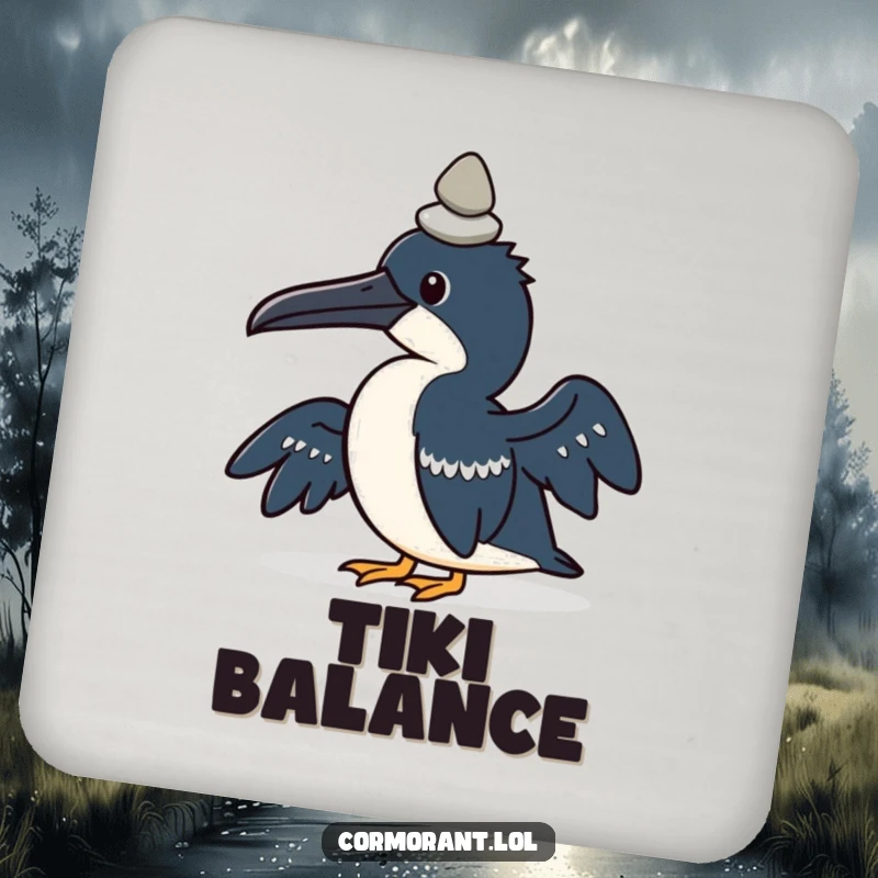 Funny drink coaster with a kawaii cormorant bird attempting to balance a small pebble on its head.