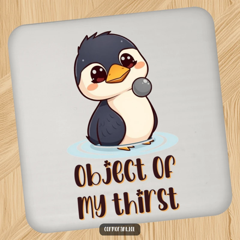 Funny kawaii cormorant coasters with wide, curious eyes watching a floating object, great for protecting furniture.