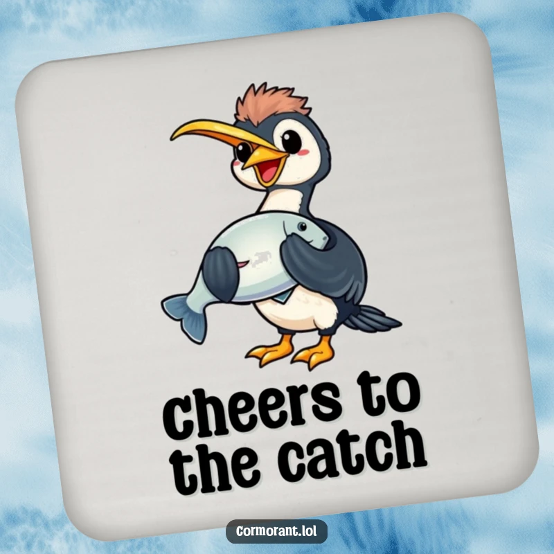 Funny kawaii cormorant coasters with a happy bird holding a large, shiny fish, great for protecting furniture.