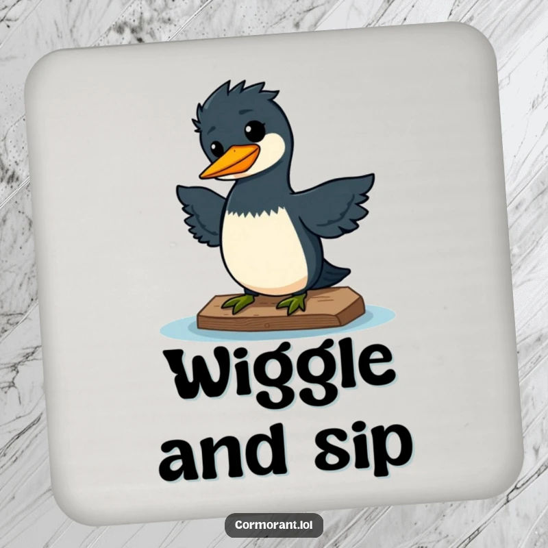 Funny drink coaster featuring a kawaii cormorant doing a silly wiggle on a dock, looking pleased, a joyful accessory.